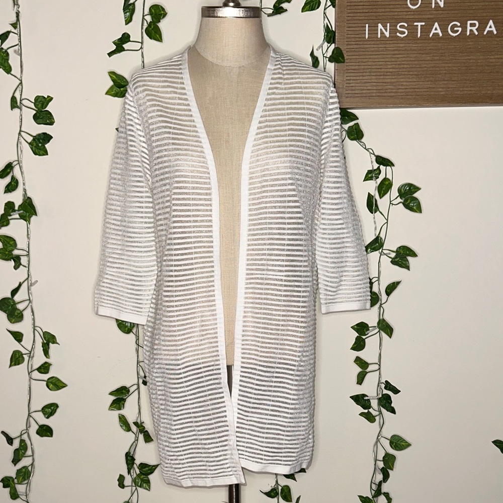 Chico’s “Shadow Stripe Front Cardigan” Sheer White 3/4 Sleeve Mid Length NWT